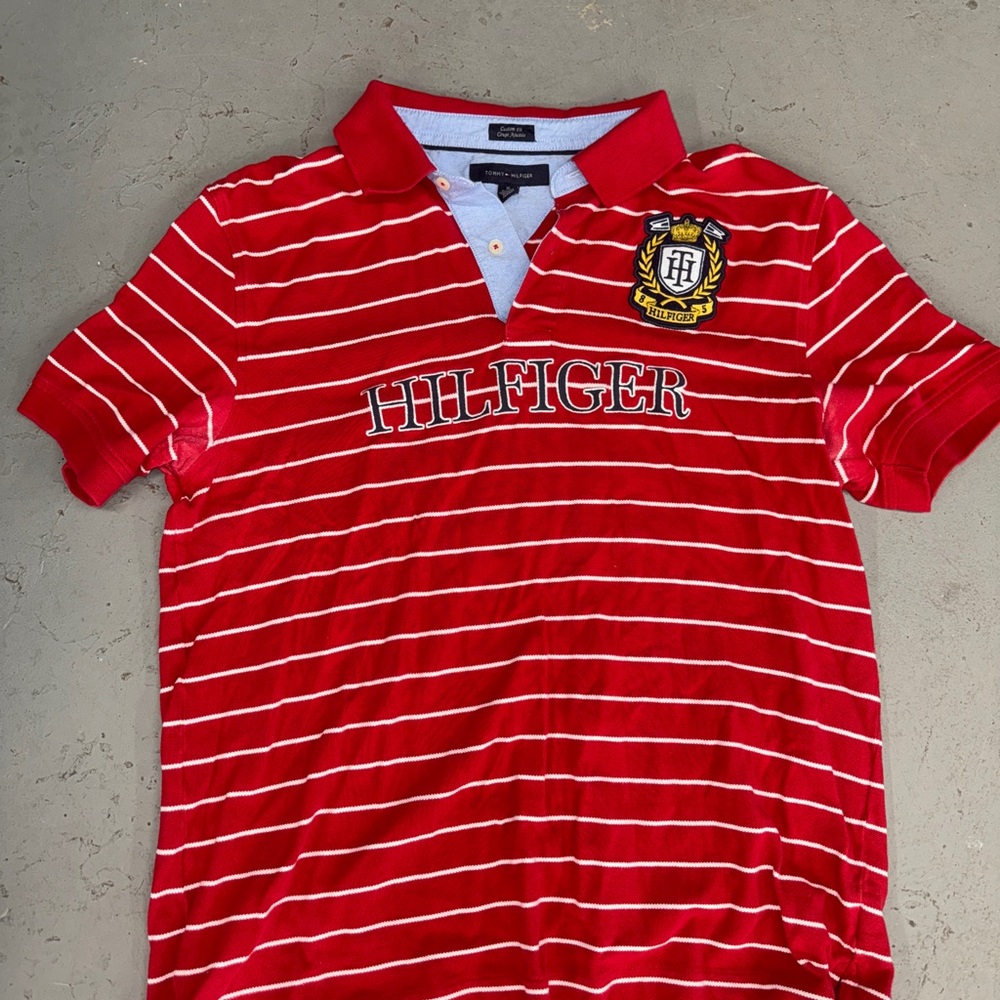 Tommy Hilfiger Red and White Striped Polo Shirt
